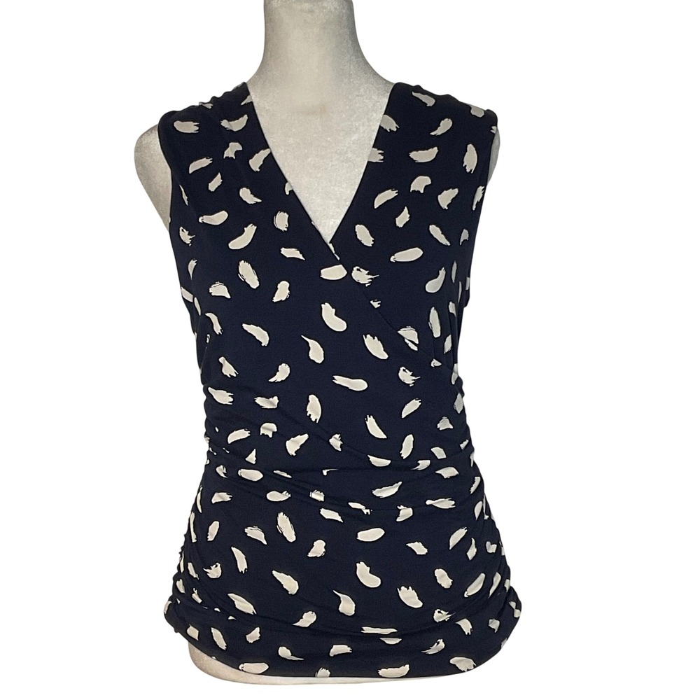 BODEN women's sleeveless ruched top blouse navy white cotton v-neck splatter 8